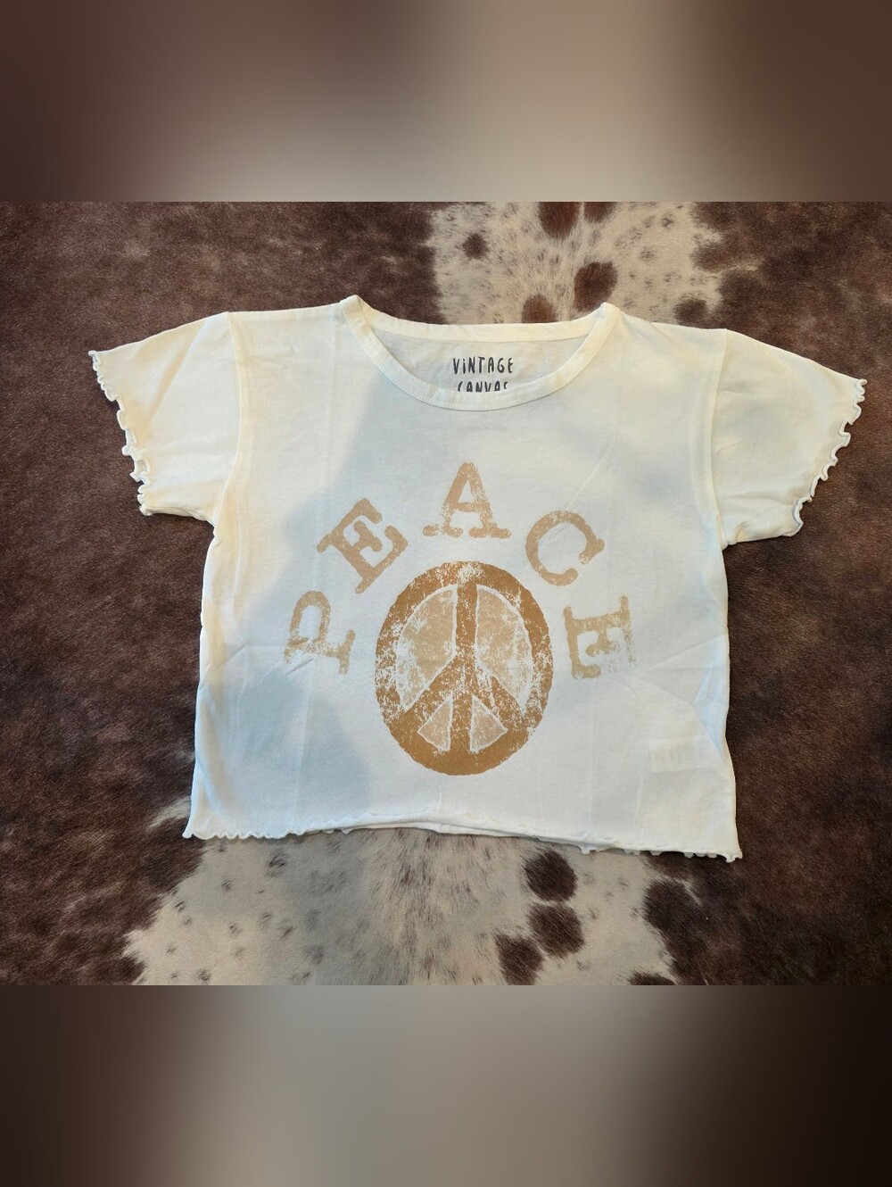 Vintage Canvas Peace Sign Graphic Crop Tee Ivory Lettuce Edge S M
